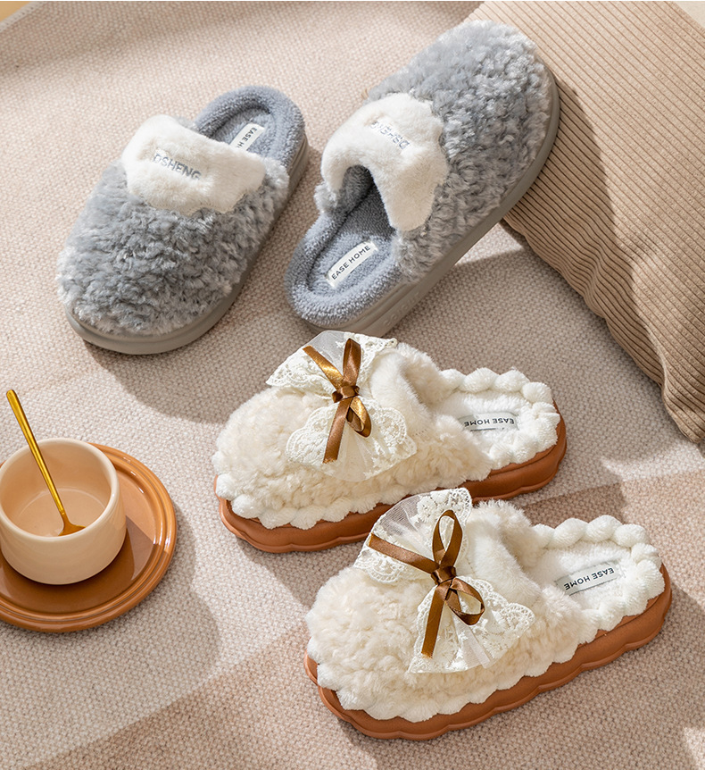 Pantofole soffici semplici fiocco coniglio peluche caldo cotone trascina coppia stanza pantofole interne in cotone_voghion.com