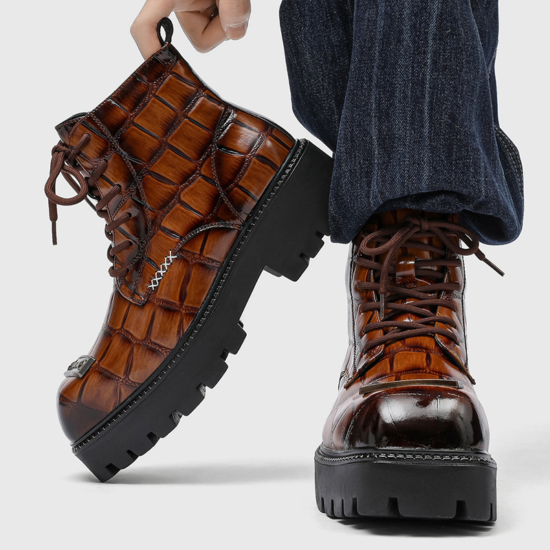 Boots Men's Winter High-Top Men's Shoes with Increased British Style Crocodile Pattern Lace-Up Men's Boots 53242-J