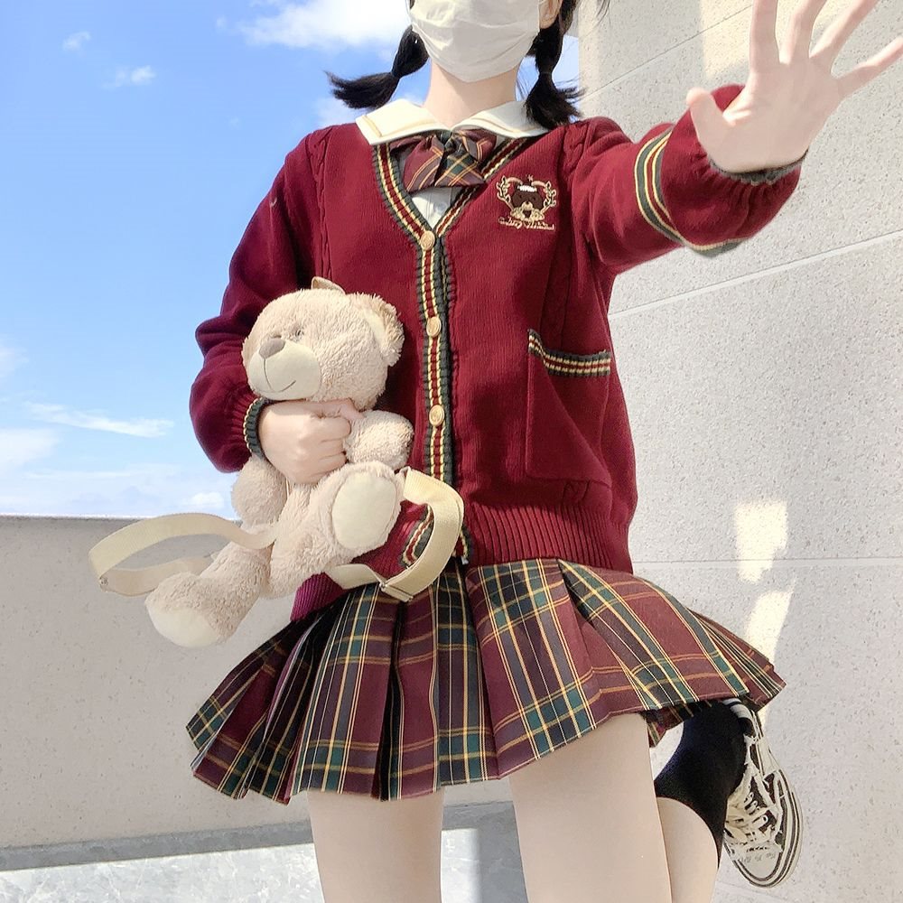 原创正版jk制服套装秋冬学院风新年圣诞红色毛衣外套女山楂树格裙