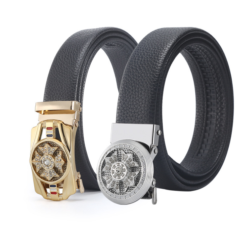 Trendy Men's Belt Fashion Belt with Iron Rotating Automatic Buckle Imitation Leather Belt Wholesale Maple Leaf