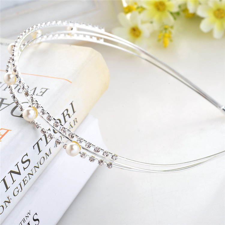 Exquisito estilo coreano accesorios para el cabello 3-capa rhinestone perla diadema diamante incrustado dulce nupcial diadema venta al por mayor de fábrica