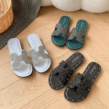 跨境一字拖鞋女士软底爆款时尚外穿防滑夏季水钻拖鞋女沙滩鞋批发
