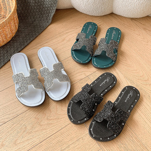 Cross-Border Slippers for Women, Soft-Soled Popular Fashion Outer Wear, Non-Slip Summer Rhinestone Slippers, Women's Beach Shoes Wholesale