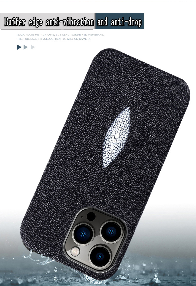 Ốp lưng điện thoại da cá ngọc trai tự nhiên cho iPhone 14/12 Pro Max/13 Pro/11 — Màu đen chi tiết 8