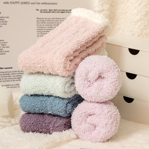 Coral velvet women's mid-calf winter and autumn lined thick home Japanese solid color ribbed warm and cute sleep socks