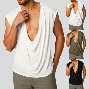 Cross-border Men's Amazon Hot Solid Color Sleeveless Sports V-neck Base Shirt European and American Wide Shoulder Solid Color Swing Collar Vest