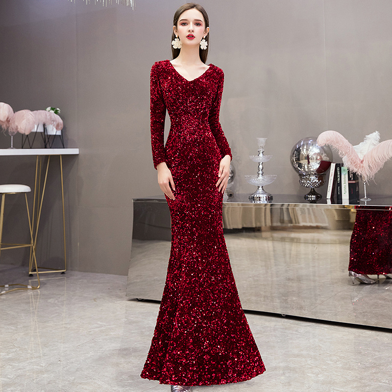Evening Dress Female Banquet Elegant Queen High-End Texture Toast Dress Red Slim Fishtail Dress Skirt