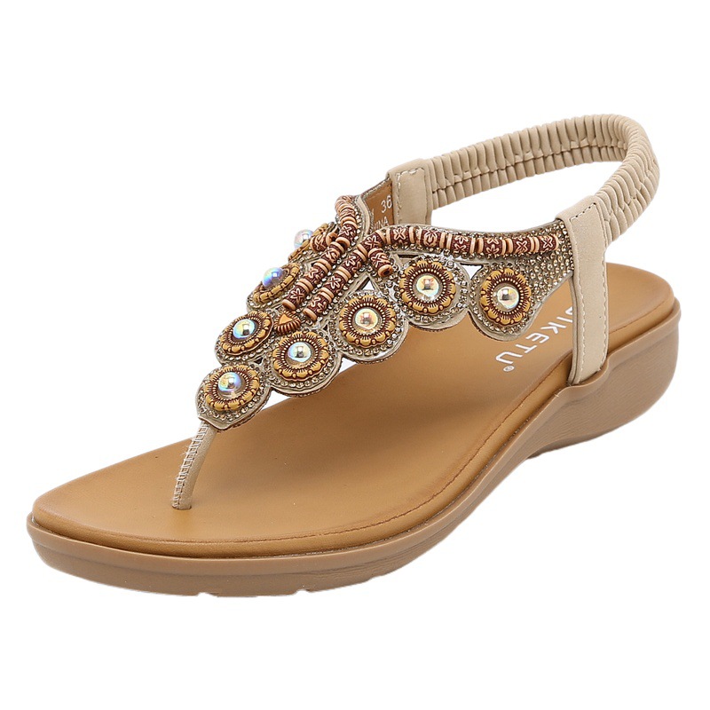 2024 verano nuevo estilo bohemio flip-flops con cuentas rhinestone hebilla elástico talón goma banda zapatos de mujer
