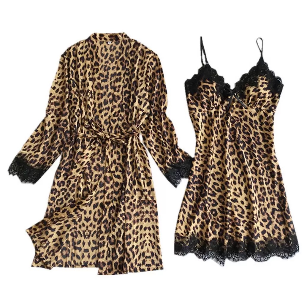 Nueva seda europea y americana negra estampada leopardo ropa de casa pijama set de moda encaje pijama set al por mayor