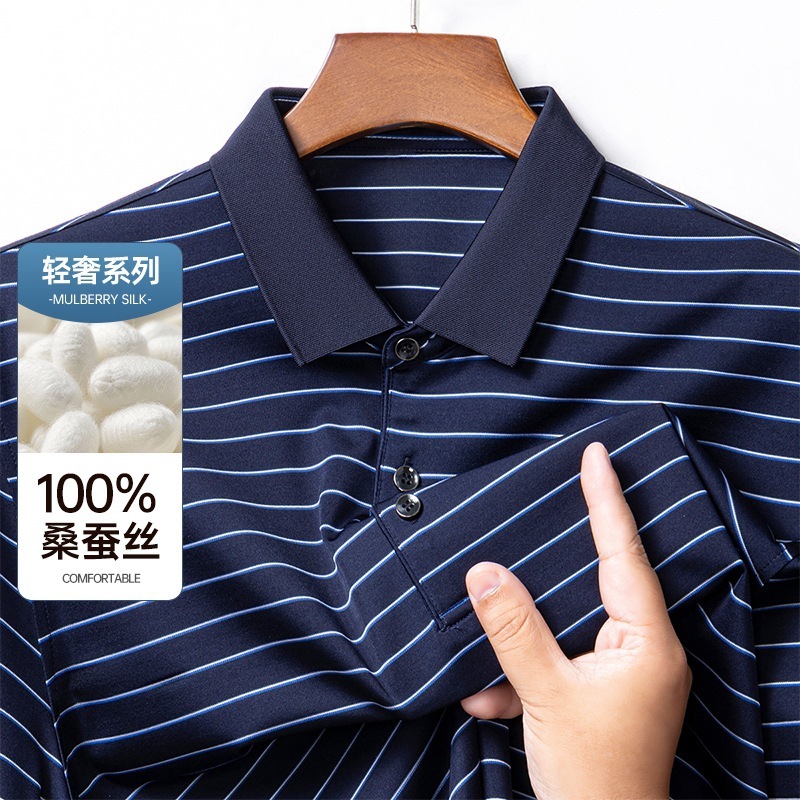 ファクトリーストア夏の高級100マルベリーシルク半袖Tシャツメンズラペルハイエンドストライプ中年メンズダッドシャツ|undefined