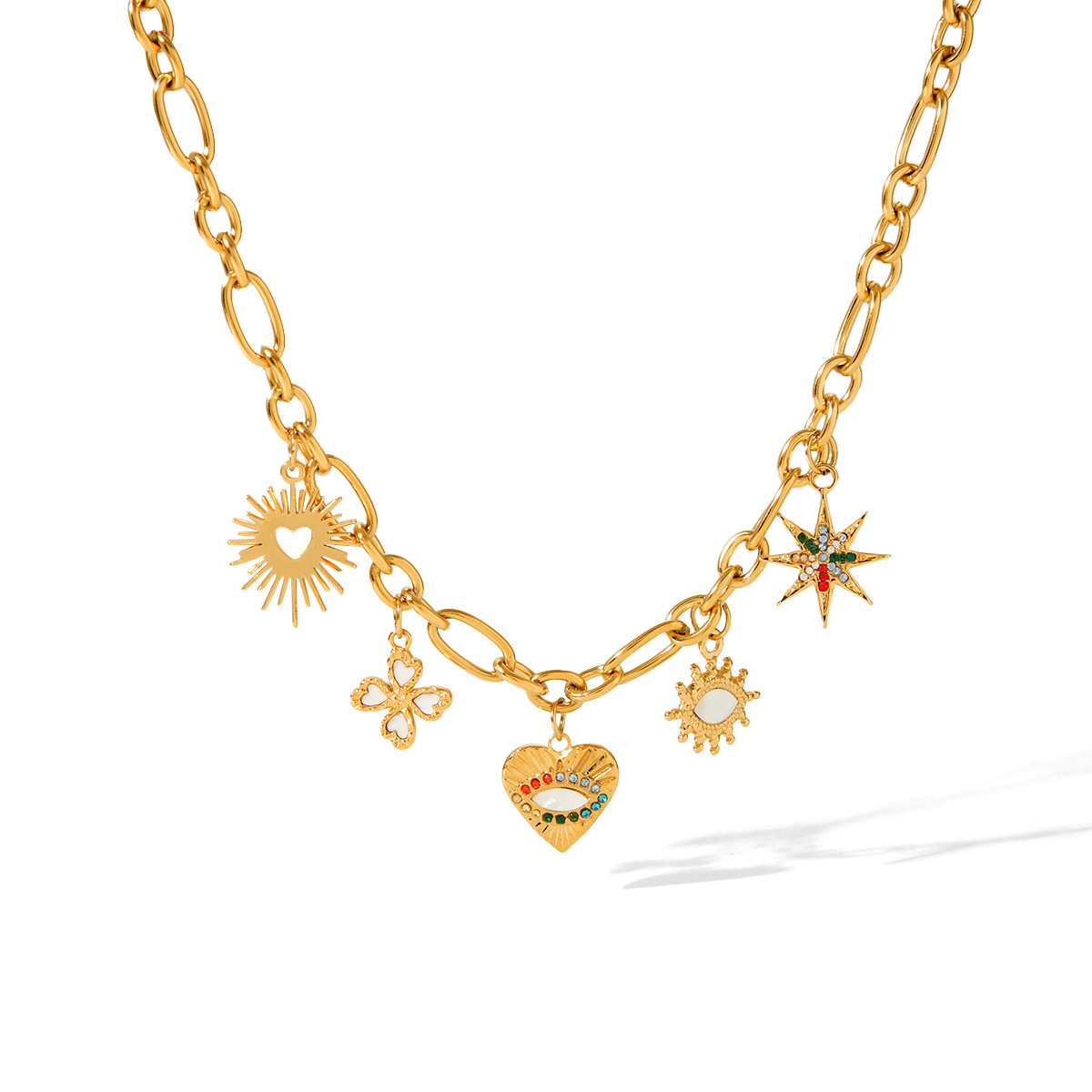 Casual, Elegant, Lady Style PVD Coated Real Gold Plated Star Heart Shape 304 Stainless Steel Casual Elegant Lady Waterproof Non Tarnish 304 Stainless Steel Multi Charms Necklace