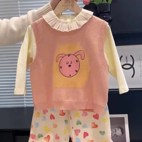 Girl's Spring Outfit 2024 New Cute Doll Shirt + Pink Vest + Heart Straight Pants Fashion Three-Piece Set