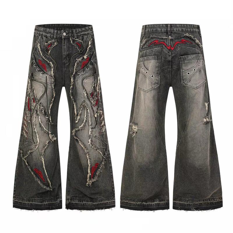 American retro heavy-duty three-dimensional cut raw edge embroidered zipper dark-style loose-fit flared jeans for men and women