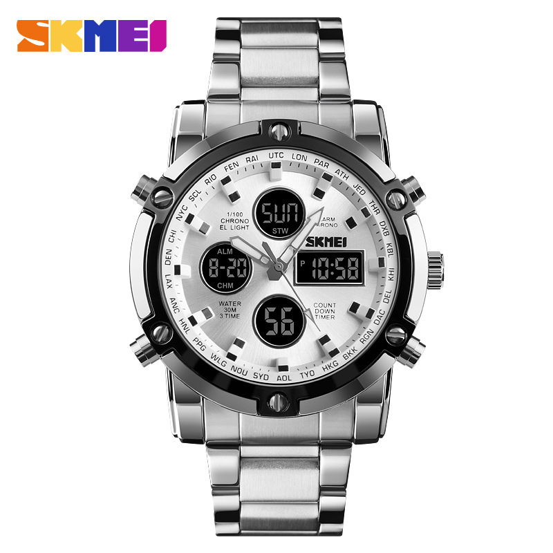 SKMEI multi-funcional correa de acero impermeable reloj de los hombres de doble sincronización luminosa deportes reloj electrónico 1389