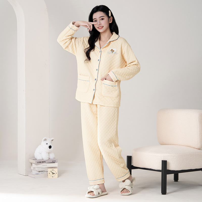 【Layered Air Cotton】Three-Layer Quilted Thermal Pajamas for Women, Autumn and Winter Thickened Turn-Down Collar Women's Loungewear Set