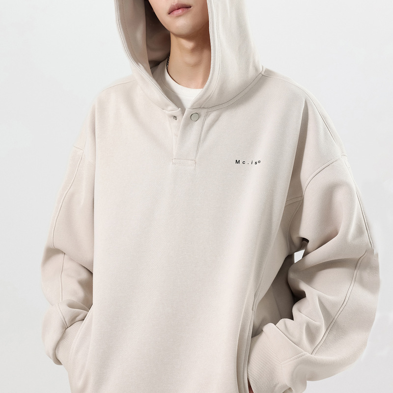 American Retro Men's Sweatshirt with Hood, Deconstructed Style, Drawstring Hem, Simple Printed Sports Hoodie, Men's Jacket