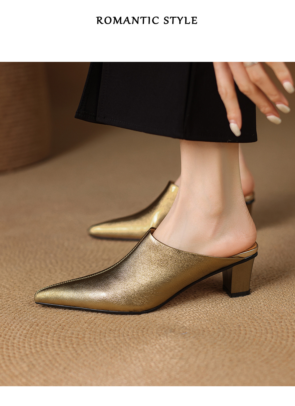 Dép mule nữ da cừu mũi nhọn cao gót 5 cm – sandal hè dáng suông — đen, vàng chi tiết 9