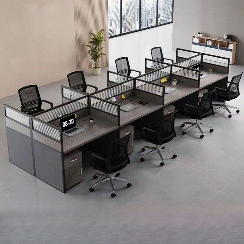 Simple and modern office desk and chair set, suitable for single or group use (4/6 people), with a T-shaped partition for employee workspaces
