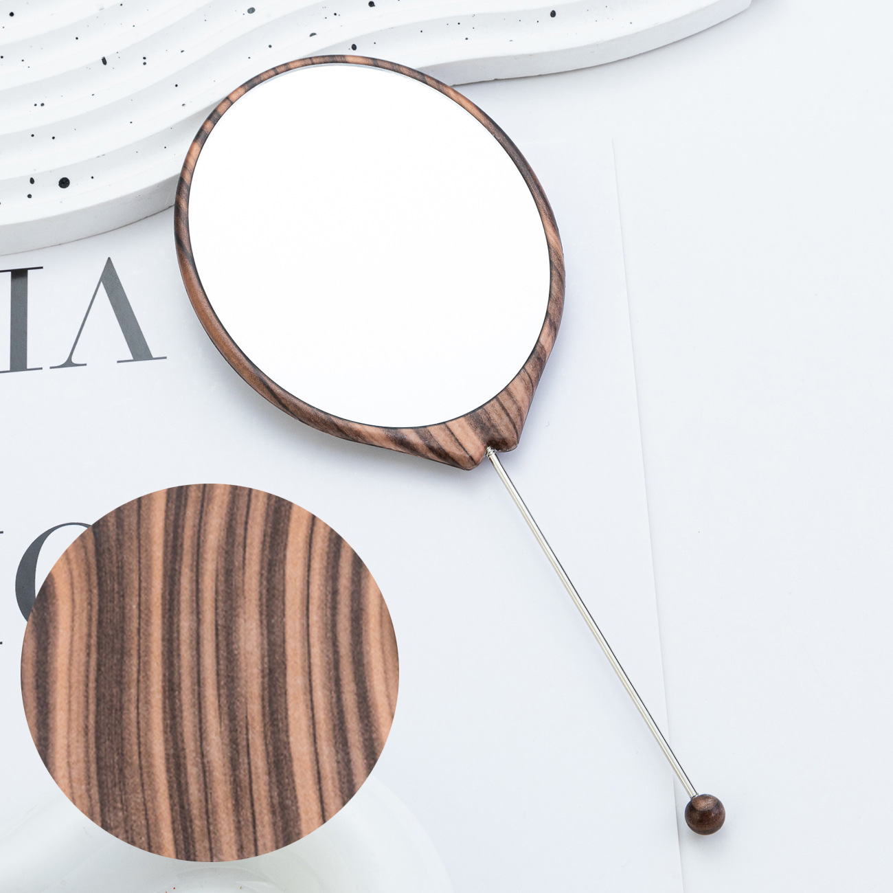 Espejo pequeño con cuentas de bricolaje, espejo de maquillaje portátil, espejo de grano de madera de mano ovalado, espejo de maquillaje con mango para niñas