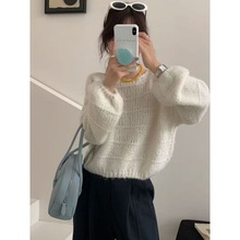 韩系专柜品质圆领纯色高级感慵懒风宽松显瘦长袖短款针织毛衣女