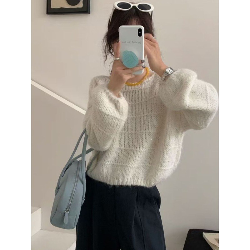 韩系专柜品质圆领纯色高级感慵懒风宽松显瘦长袖短款针织毛衣女