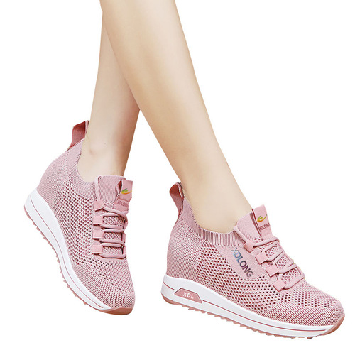 Women's Casual Shoes 2024 Spring New Heightening Sports Shoes Women's Fashion Korean Version Flying Weave Breathable Running Shoes Women's Shoes