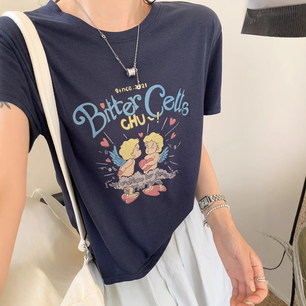 韓国東大門キューピッドラブレタープリント2025夏多用途甘いルーズ半袖Tシャツトップ女性用