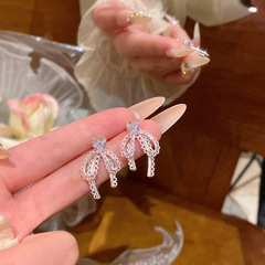 925银针温柔甜美气质蕾丝蝴蝶结耳环轻奢小众高级感精致锆石耳钉