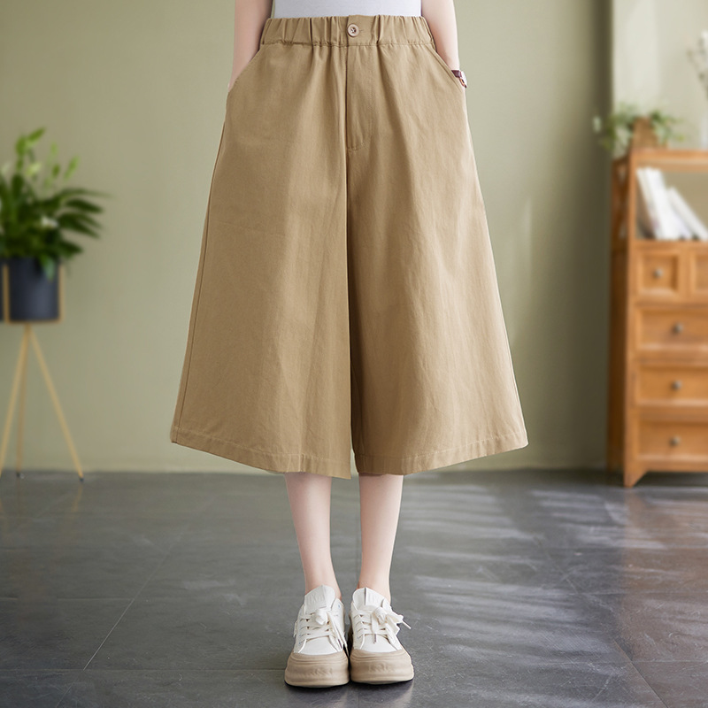 Actual Shot of 2025 Summer New Style Cotton Elastic Waist Loose Large Size Women's Versatile Fashionable Slimming Look Three-Point Wide-Leg Pants