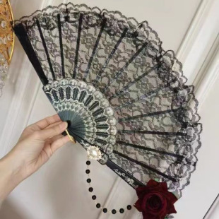 Lolita Feather Rose Folding Fan Lolita European Style Retro Embossed Bronzing Flower Wedding Tea Party T Dark Gothic
