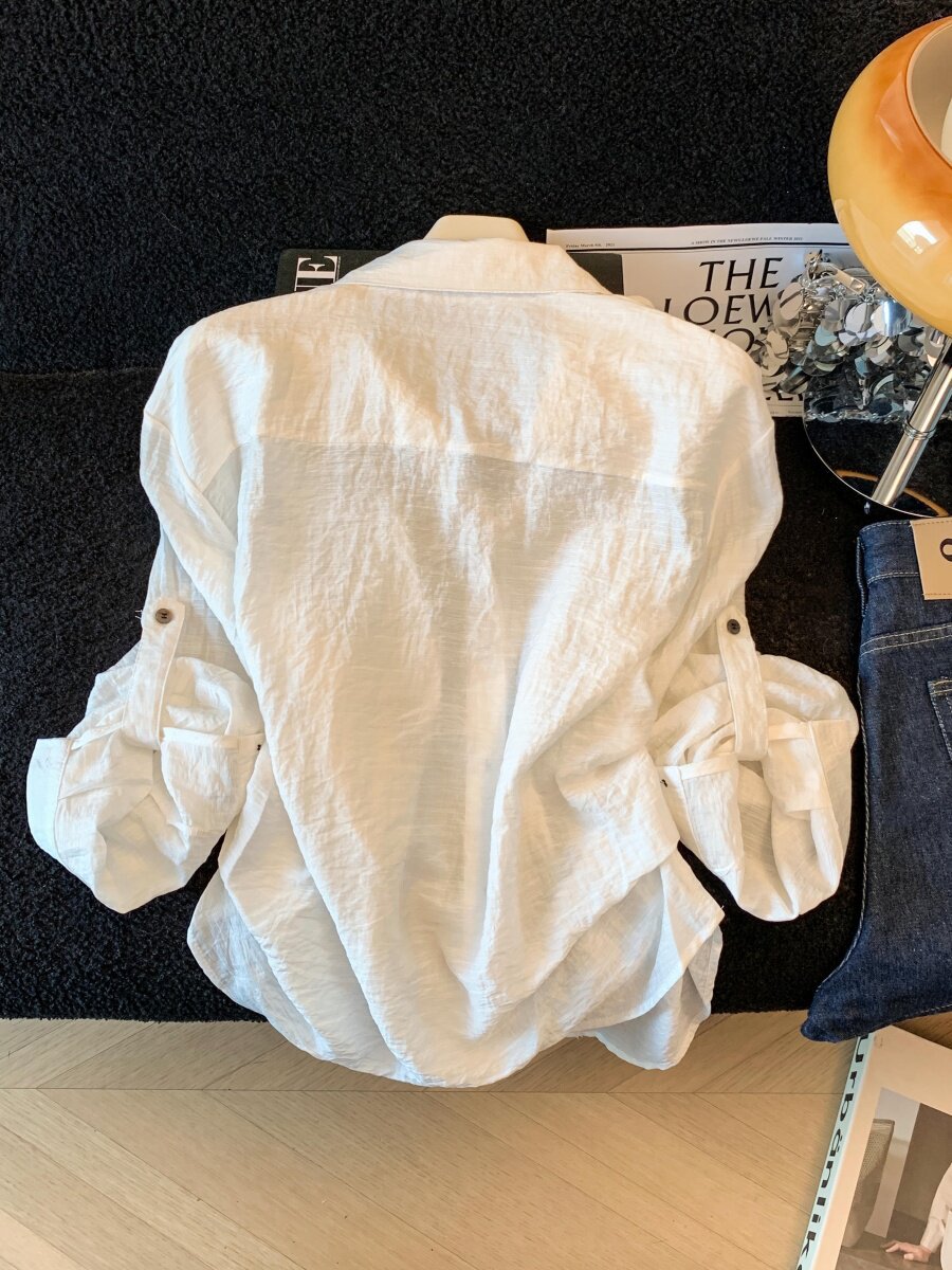 Áo sơ mi chống nắng nữ dài tay dáng rộng chất liệu linen thoáng mát — xanh lam chi tiết 5