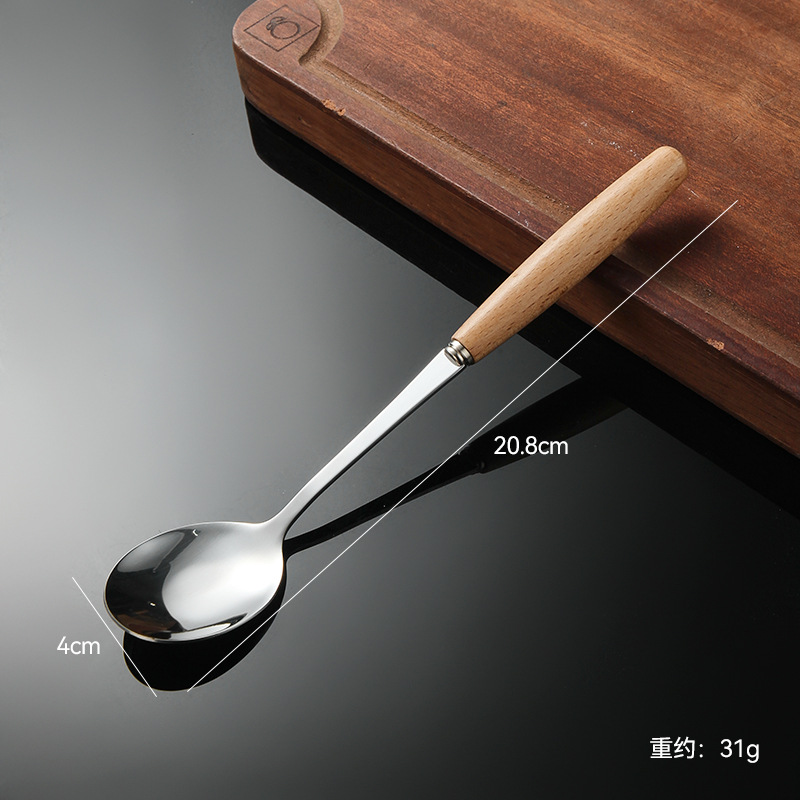 Madera de haya, alas de pollo, mango de madera, cuchillo y tenedor de acero inoxidable doméstico, cubiertos, cuchillo y tenedor de carne brillante, cuchara de carne occidental