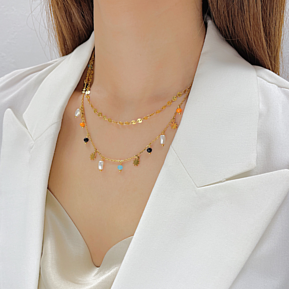Doppellagige Perlenkette Für Damen, Edelstahl Halsschmuck Elegant_voghion.com