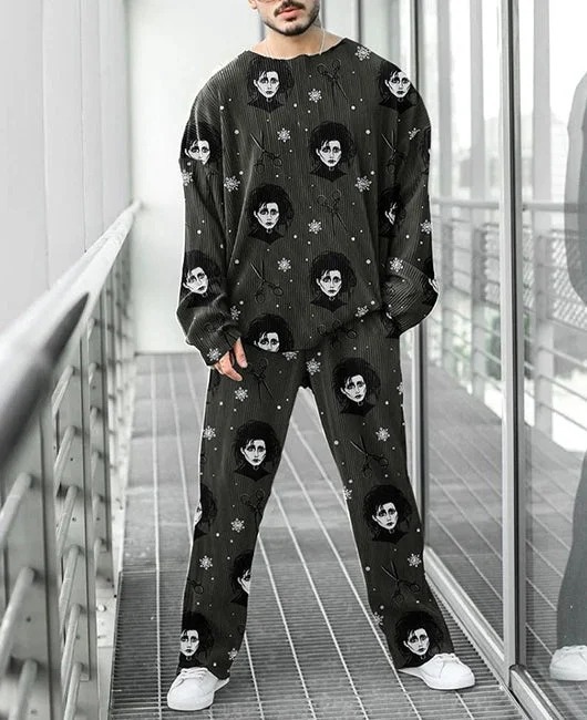 Colorido estilo personalizado estampado de dos piezas guapo otoño nuevo color contraste estilo Hong Kong cuello redondo camiseta pantalones ME6-MR10