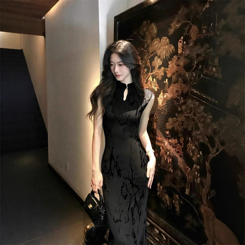 新中式旗袍改良年轻款少女高级感修身显瘦气质黑色无袖连衣裙女夏|undefined