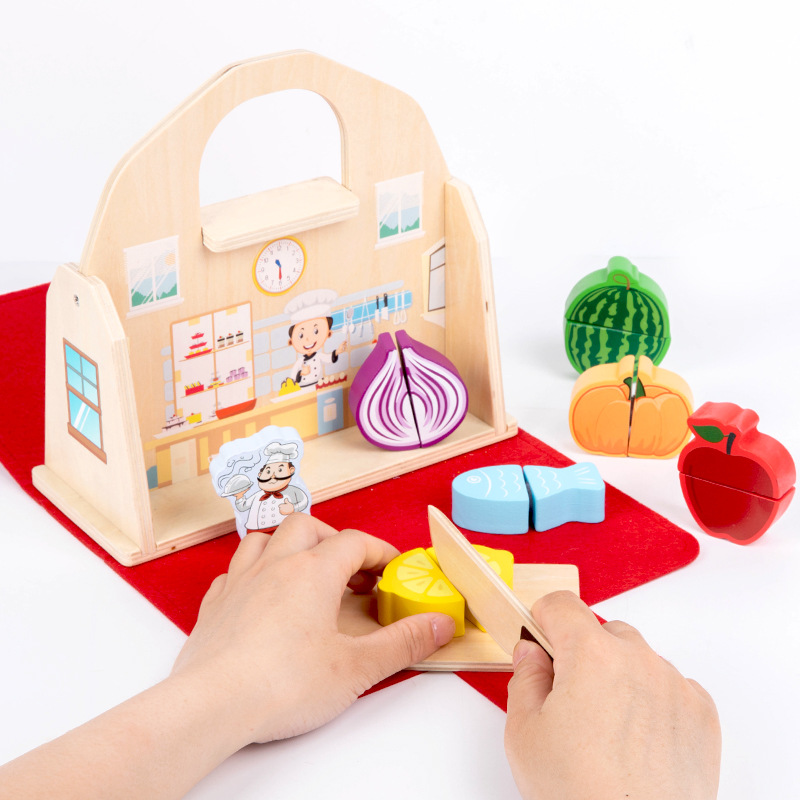 Nuevos productos de madera cocina portátil puzzle educación temprana juguetes para niños y niñas cortar niños verduras y frutas al por mayor