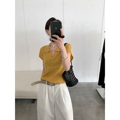 TG通勤風百合落肩坑条小vネックニットpoloシャツ女2025夏新作上着24805
