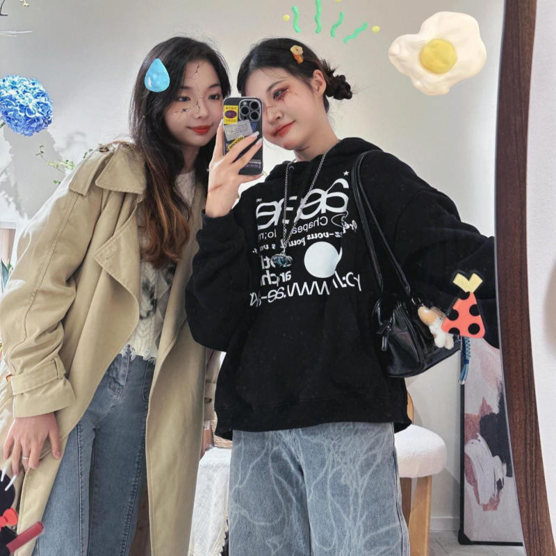 韩国小众潮牌aeae卫衣外套女字母印花宽松连帽情侣同款帽衫秋冬款|undefined