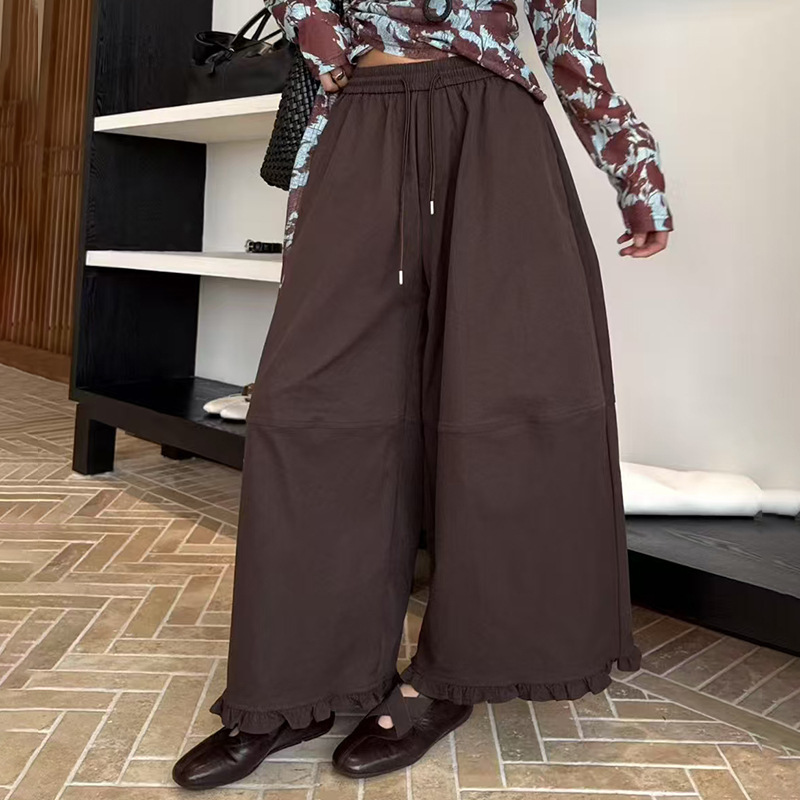 韩系松紧腰抽绳木耳花边休闲裤女2025秋季新款显瘦百搭阔腿九分裤|undefined