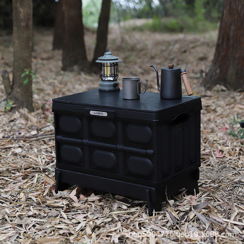 Acampar al aire libre caja de almacenamiento plegable cubierta de madera estilo industrial negro mesa de café multifuncional caja de almacenamiento coche tronco