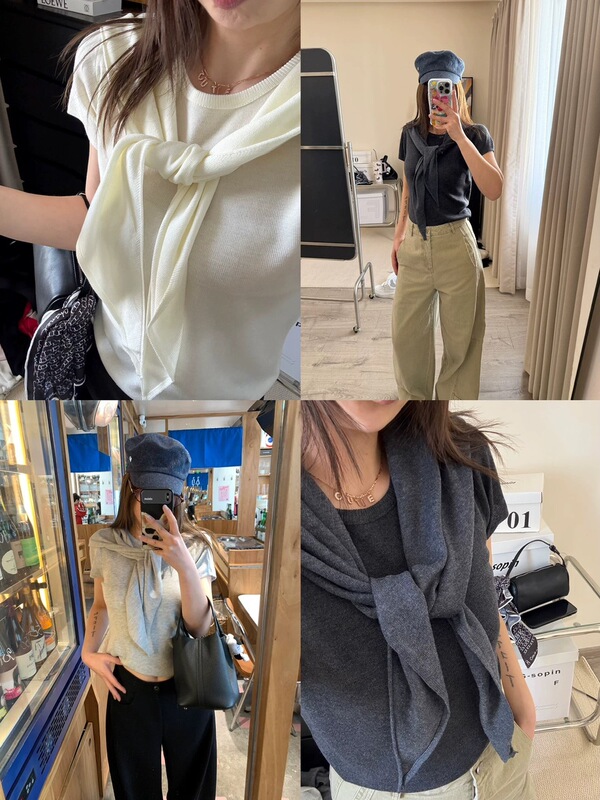 诺初 高级外搭披肩+短袖羊毛针织衫两件套女秋季休闲上衣|undefined