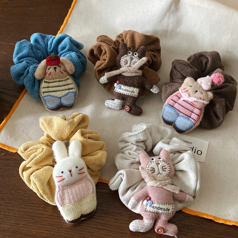 Korean-style INS towel fabric scrunchie with a vintage cartoon cute bunny design, a youthful and age-reducing hair accessory