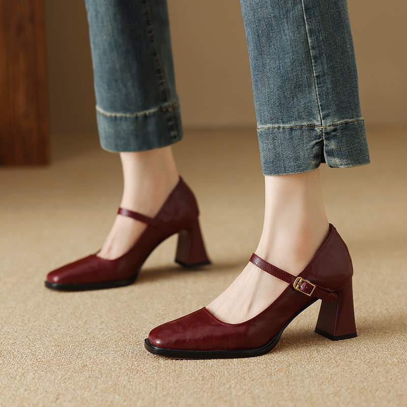 French Elegant wine red 5cm Thick Heeled High Heeled Shoes plus size 4041 One-word Buckle Mary Jane Small Leather Shoes for Women