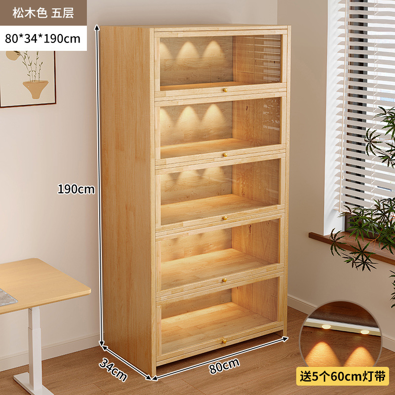 Librería de madera maciza a prueba de polvo integrada contra la pared Armario de almacenamiento de color nogal Armario de almacenamiento Armario de piso Estantería para el hogar