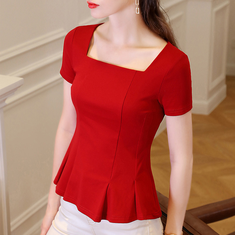 Camiseta de mangas cortas para mujeres 2024 verano nuevo estilo de mujer retro cuello cuadrado camisa de algodón de color sólido sombrilla giratoria cintura superior francesa image 4