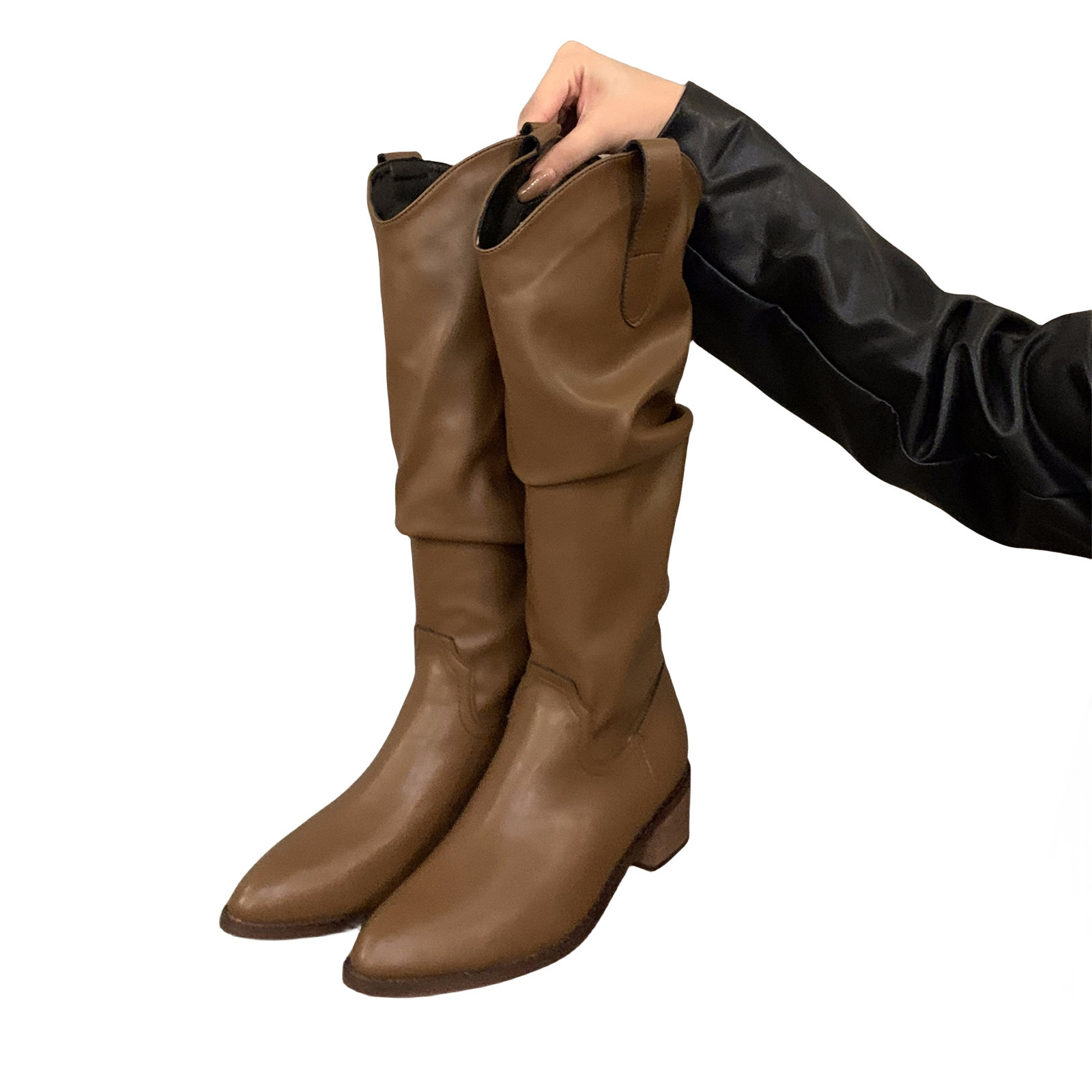 厚底ヒールプリーツロングチューブナイトブーツ婦人靴2024秋冬新作ウエスタンスリムロングブーツ