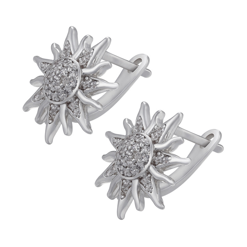 simple zircon sunflower copper 18K gold plated ear buckle earrings