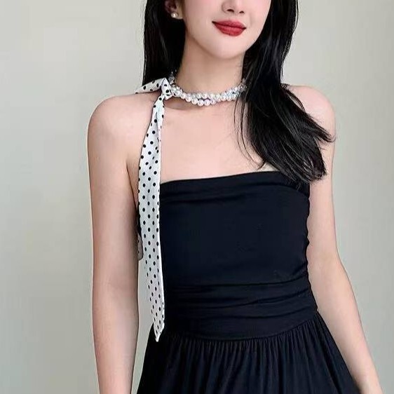 Retro Simple Polka Dot Pearl Silk Scarf, High-End Clavicle Chain, Versatile Bag Decoration, Wrist Scarf, Small Scarf