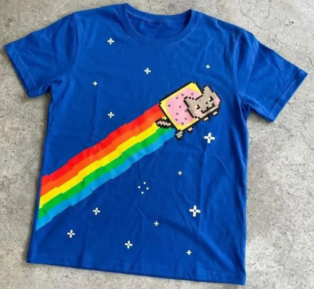 European size cotton T-shirt for men and women, hip-hop cartoon Harajuku star rainbow cat round-neck tee, suitable for all seasons