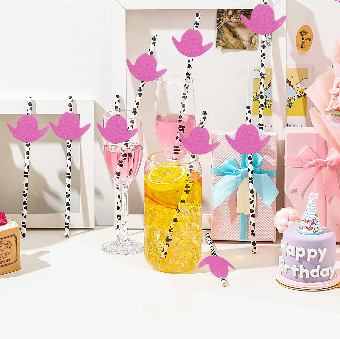 Fiesta transfronteriza decoración creativa paja vaca Rosa Bowler papel paja desechable decoración de bebidas